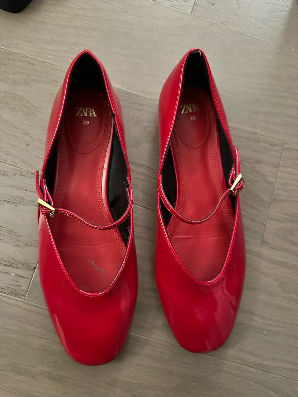 ZARA Red Patent Mary Jane Flats with Gold Buckle